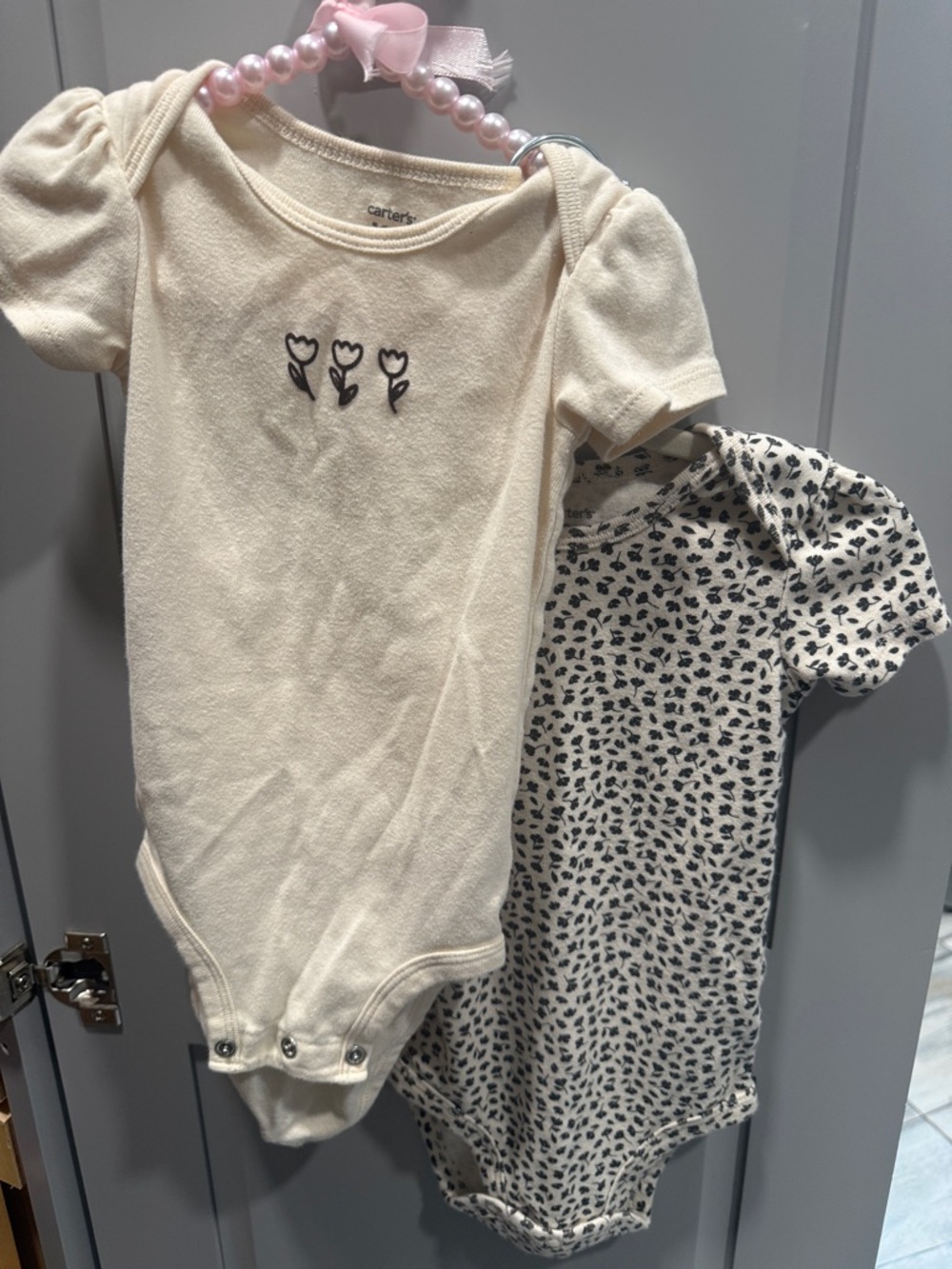 Carter's Cream Floral Embroidered & Black-Spotted Baby One-Piece Set